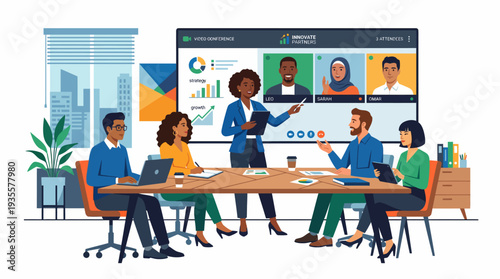A diverse professional team collaborates in a modern office, actively participating in a hybrid meeting with remote colleagues displayed on a large screen.