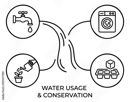 Line art icons set featuring a water tap, washing machine, watering can, and ice cubes for water usage and conservation