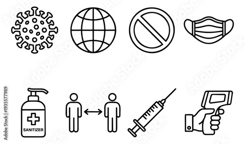 Line art health and safety icons set featuring coronavirus, face mask, hand sanitizer, social distancing, and medical tools for global pandemic prevention