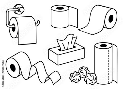 Hand drawn line art hygiene supplies set featuring toilet paper rolls, a tissue box, a paper towel roll, and crumpled paper for bathroom and cleaning concepts