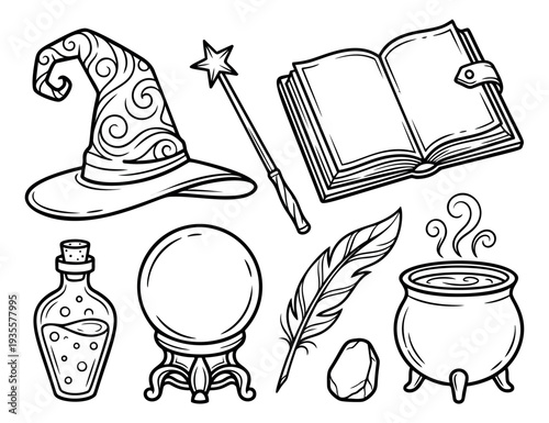 Hand drawn line art magic tools set featuring a witch hat, magic wand, spell book, potion, crystal ball, and cauldron for fantasy and Halloween designs