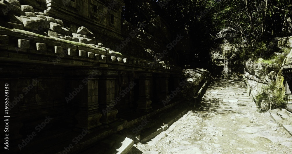 Obraz premium Leafstrewn temple path under leafy canopy with scattered sunlight and cool shadows, low stone walls with carved niches, fallen fragments and rough steps,