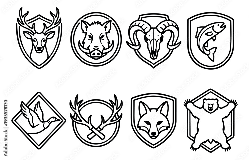 Obraz premium Line art hunting and fishing set featuring various wild animals and trophies for outdoor activities
