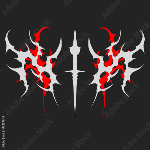 Tribal wings with a central sword, sharp gothic thorns and red flames in symmetrical cyber sigil style on a black background.