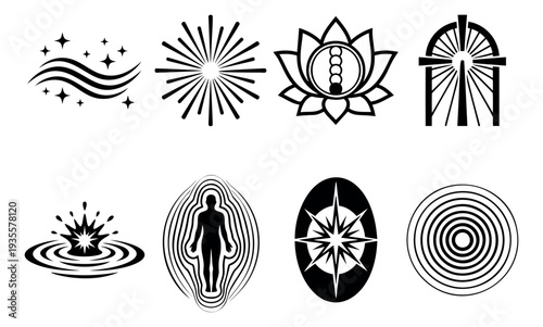 Modern line art spiritual symbols set featuring abstract energy, wellness, and cosmic elements for meditation and design