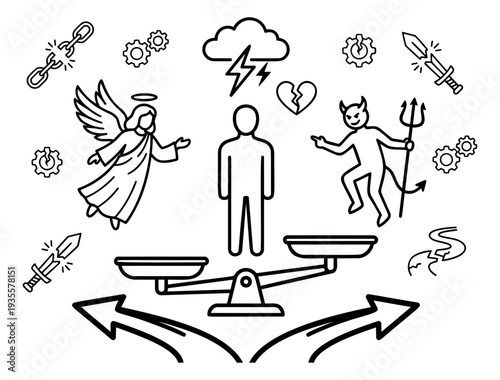 Hand drawn line art set featuring a human figure, angel, devil, and balance scale for moral decision making