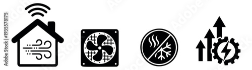 Modern glyph icon set featuring smart climate control, ventilation, temperature regulation, and energy optimization for home automation and building management