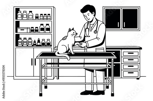 Minimalist line art illustration of a veterinarian and cat depicting a health checkup for a veterinary clinic