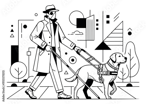 Line art illustration of a blind man and his service dog depicting them walking in a city for accessibility