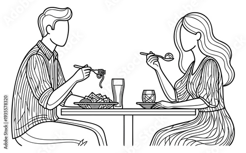 Hand drawn line art illustration of a couple depicting a romantic dinner for a date