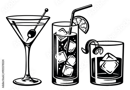 Line art cocktail glass set featuring a martini, a highball, and a rocks glass for bar menus and drink-related designs