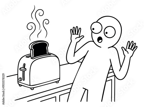 Hand drawn line art illustration of a surprised character depicting a toaster mishap for everyday kitchen situations