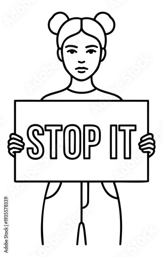 Line art illustration of a woman depicting a protest message for social activism