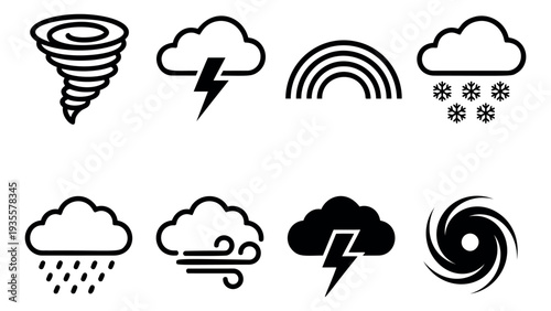 Line art weather icon set featuring tornadoes, clouds, lightning, rain, snow, wind, and rainbows for UI design