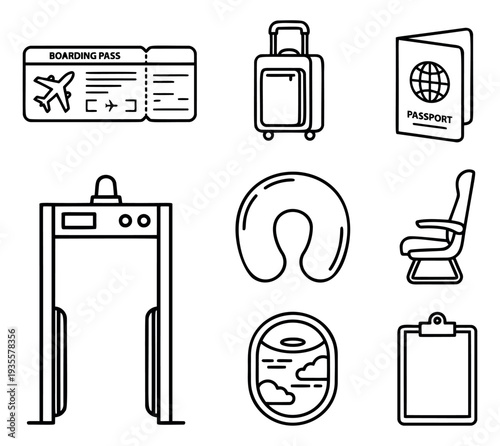 Line art airport icons set featuring a boarding pass, luggage, and passport for air travel