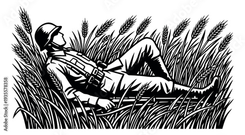 Woodcut style illustration of a soldier depicting rest in a wheat field for historical themes