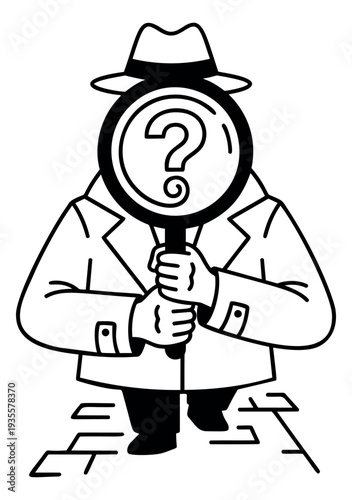 Line art illustration of a mysterious investigator depicting discovery and inquiry for problem solving concepts