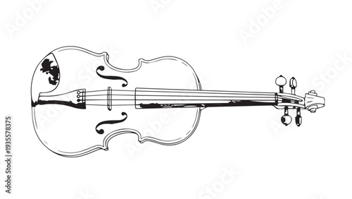 Elegant violin illustration with bow and scroll, monochrome line art for music lovers and design projects.
