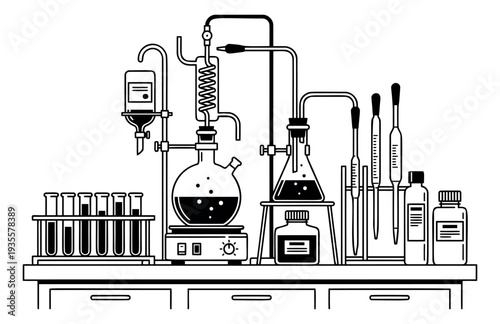 Line art chemistry lab equipment set featuring beakers, test tubes, flasks, and distillation apparatus for scientific research