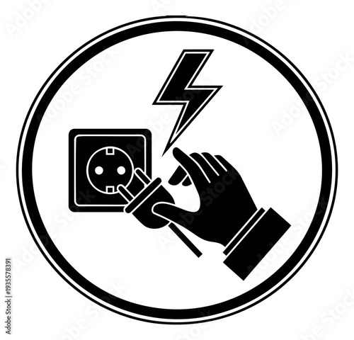 Graphic illustration of an electrical hazard warning depicting a hand inserting a plug for safety