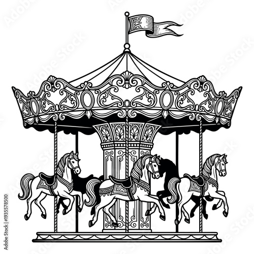 Vintage hand drawn line art illustration of a carousel depicting a classic amusement ride for fairground designs