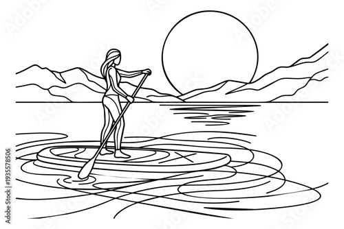 Line art illustration of a woman paddleboarding depicting water sports against a scenic mountain and sun backdrop for summer leisure