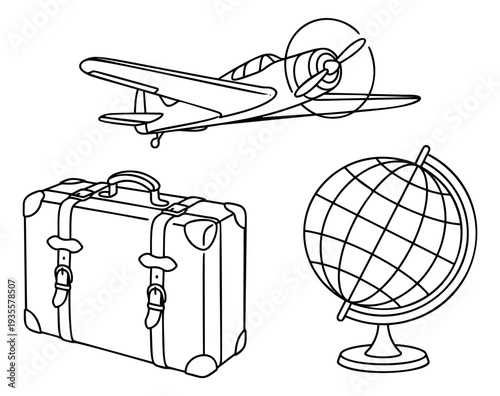 Hand drawn line art journey set featuring an airplane, suitcase, and globe for travel and discovery