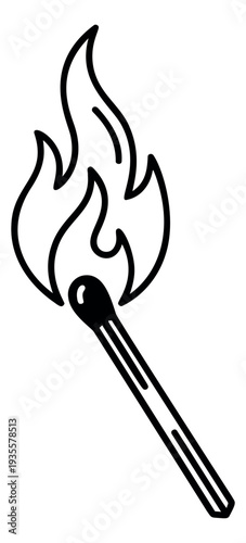 Line art illustration of a match depicting a burning flame for ignition and heat concepts