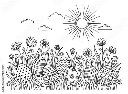 Hand drawn line art illustration of an easter egg hunt scene depicting decorated eggs hidden in a field of blooming flowers and grass under a sunny sky for easter and spring holiday designs