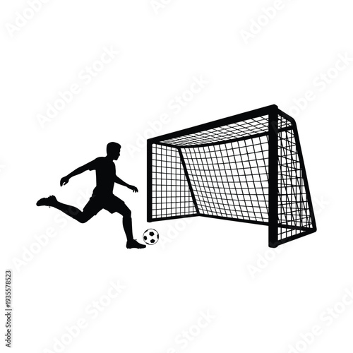 Soccer player kicking ball into goal football vector illustration isolated on white background.