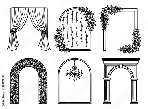 Hand drawn line art decorative arch and frame set featuring curtains, floral decorations, string lights, a rose pattern, a chandelier, and classic columns for events and invitations