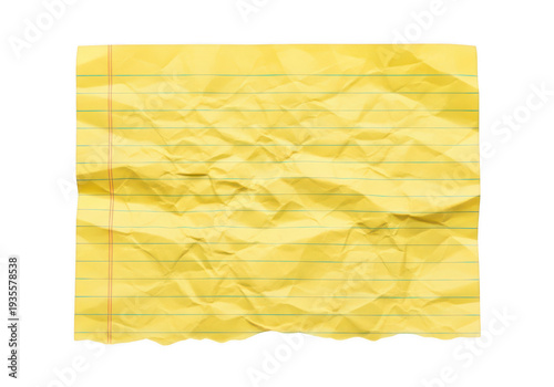 A crumpled yellow piece of paper lying on a white background isolated on transparent background 'Png