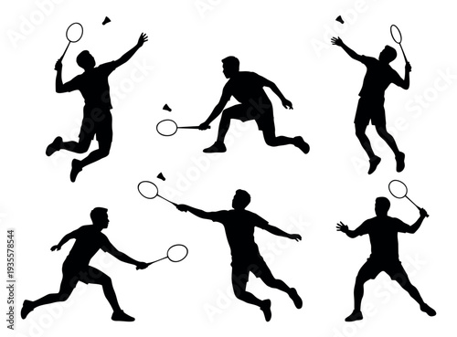 Silhouette badminton players set featuring men in dynamic action poses with rackets and shuttlecocks for sports events and athletic promotion