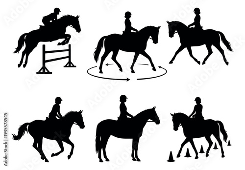 Graphic silhouette equestrian set featuring riders on horses performing various disciplines for sport and training