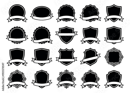 Graphic emblem and label set featuring various shapes with blank ribbons for branding and design projects