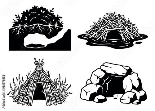 Hand drawn natural shelters set featuring an animal burrow, beaver lodge, primitive hut, and rock cave for wilderness and survival themes