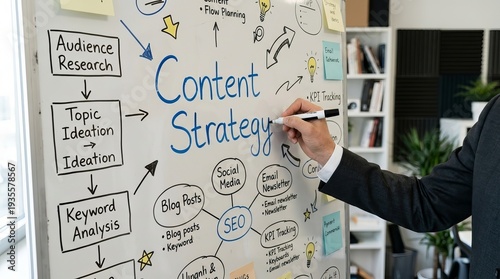 Businessman creating content strategy plan on whiteboard in office with flowchart and keywords