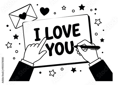 Line art illustration of hands writing 'I LOVE YOU' message depicting heartfelt affection for valentine's day and romantic occasions