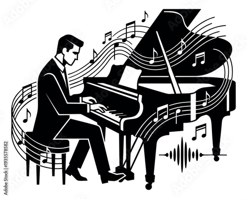 Graphic line art illustration of a pianist and grand piano depicting music notes flowing around a performance for classical and jazz music themes