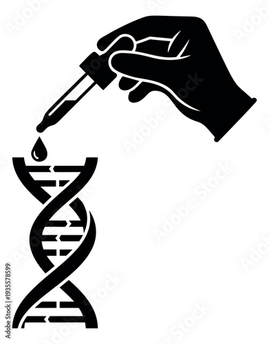 Graphic illustration of genetic engineering depicting a hand with a dropper applying liquid to dna for biotechnology