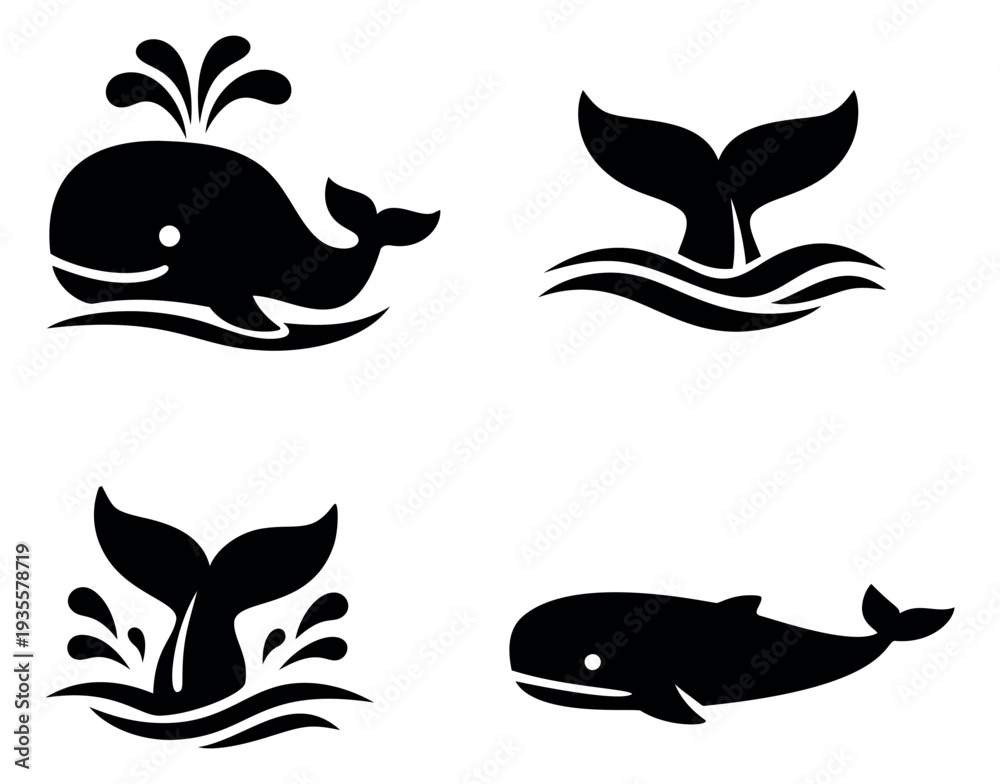 Obraz premium Simple graphic whale icon set featuring spouting whales and splashing tails for marine life design