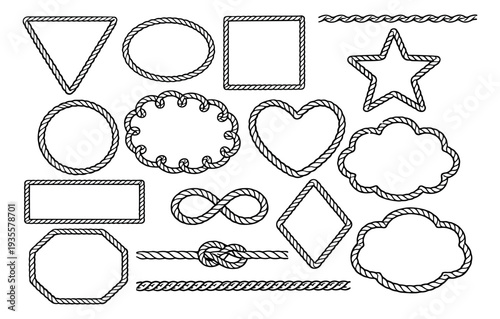 Hand drawn line art rope frames and borders set featuring various shapes, knots, and lines for design elements