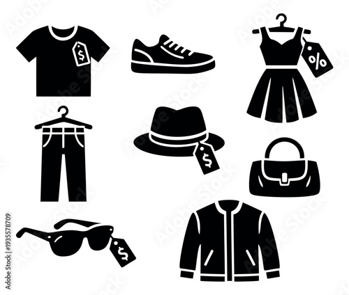 Silhouette apparel set featuring clothing and accessories with sale tags for e-commerce