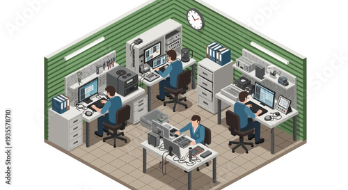 Isometric view of four office workers at their desks in a green cubic office space with computers and office supplies