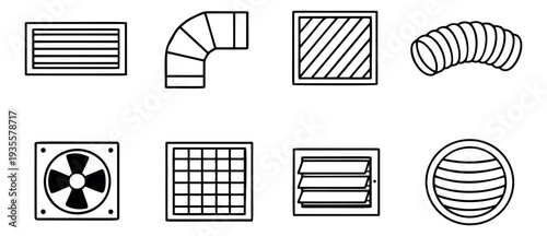 Hand drawn line art HVAC components set featuring vents, ducts, and an exhaust fan for heating, ventilation, and air conditioning systems