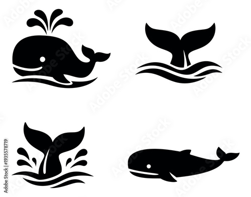 Simple graphic whale icon set featuring spouting whales and splashing tails for marine life design