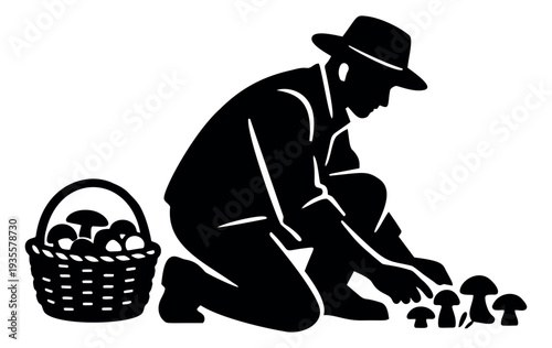 Graphic illustration of a mushroom picker depicting collecting mushrooms for outdoor autumn activity