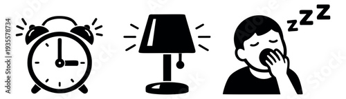 Modern icon morning routine set featuring an alarm clock, a table lamp, and a person yawning for daily schedule concepts