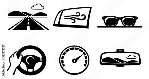 Graphic driving icon set featuring common road trip elements for travel and adventure