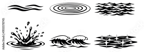 Line art water elements set featuring waves, splashes, and ripples for liquid effects
